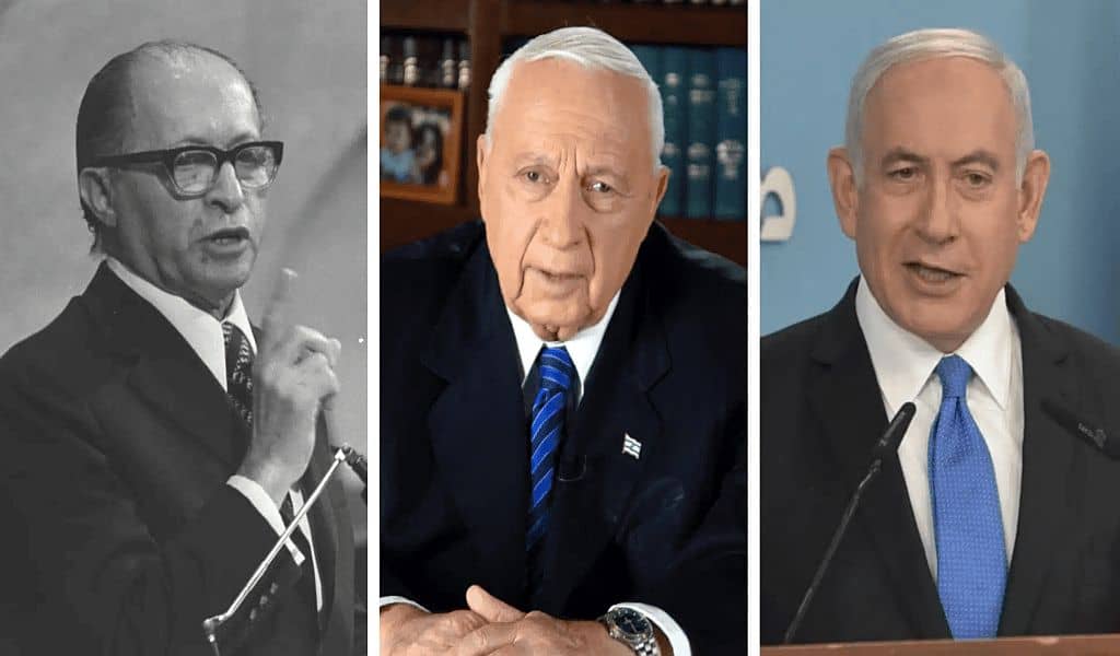 Menachem Begin, Ariel Scharon und Benjamin Netanjahu (v.l.n.r.)