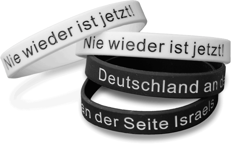 Armbänder „Deutschland an der Seite Israels!“ und „Nie wieder ist jetzt!“